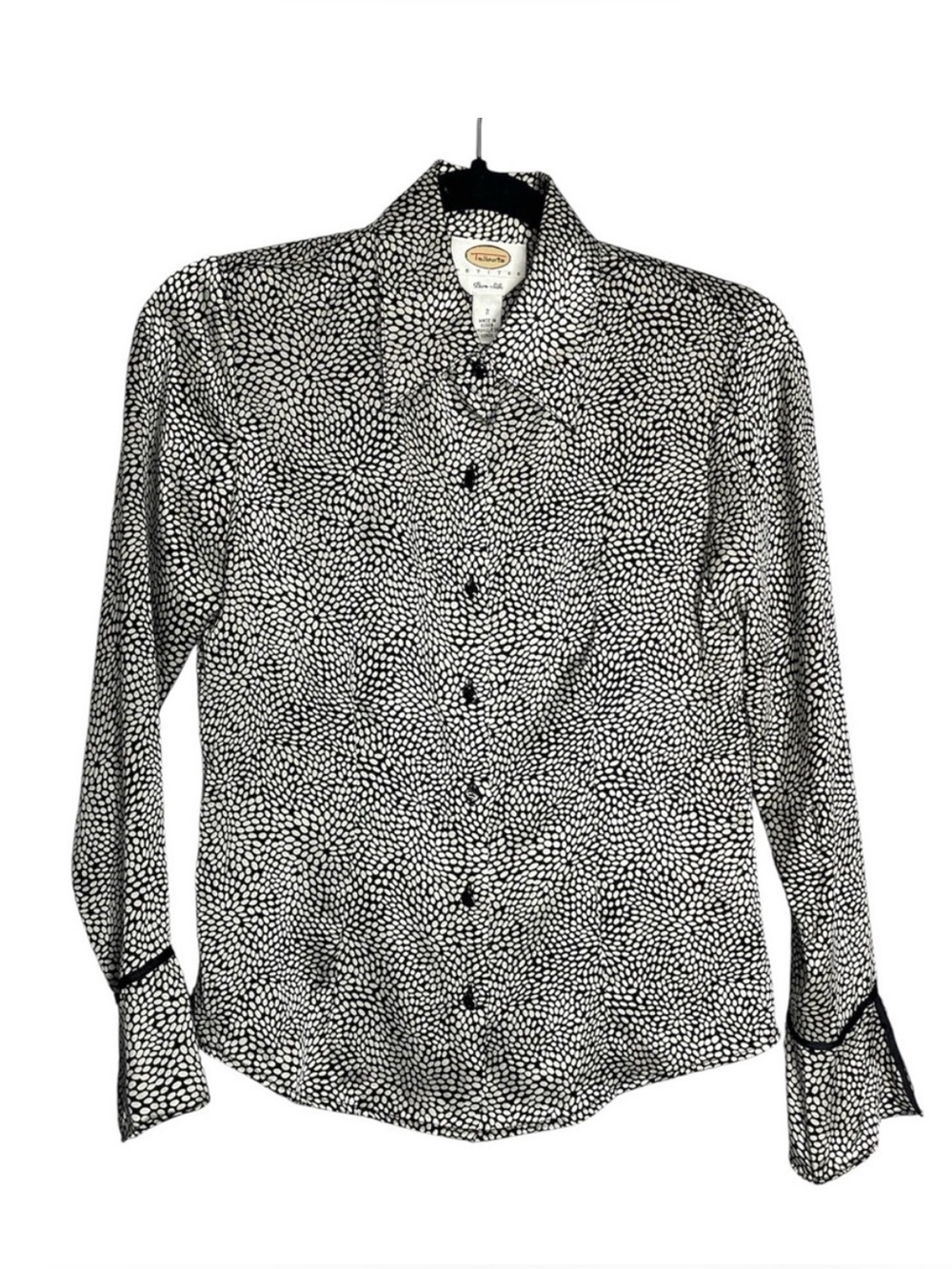 Talbots Vintage 100% Silk Black/White Dot Floral Long Sleeve Size 18